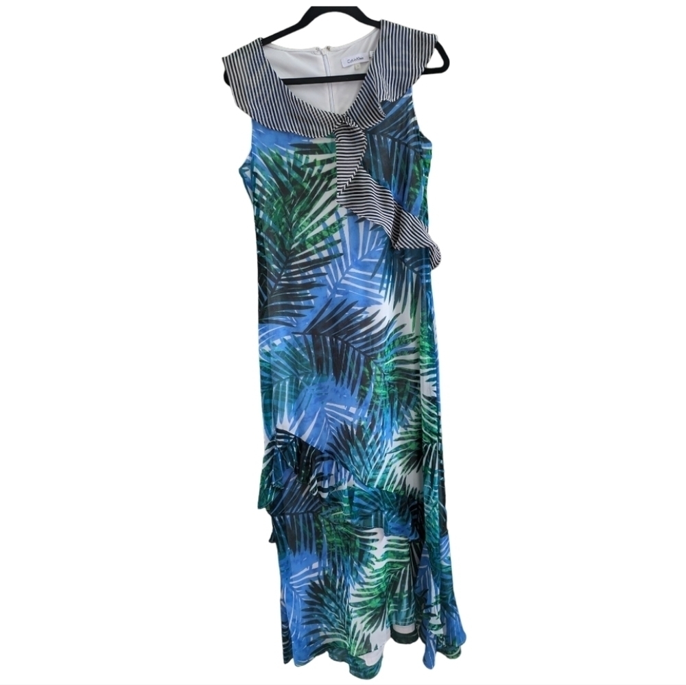 Calvin Klein Chiffon Tropical Palm Ruffle Maxi Dress Size 6 EUC - Picture 2 of 8